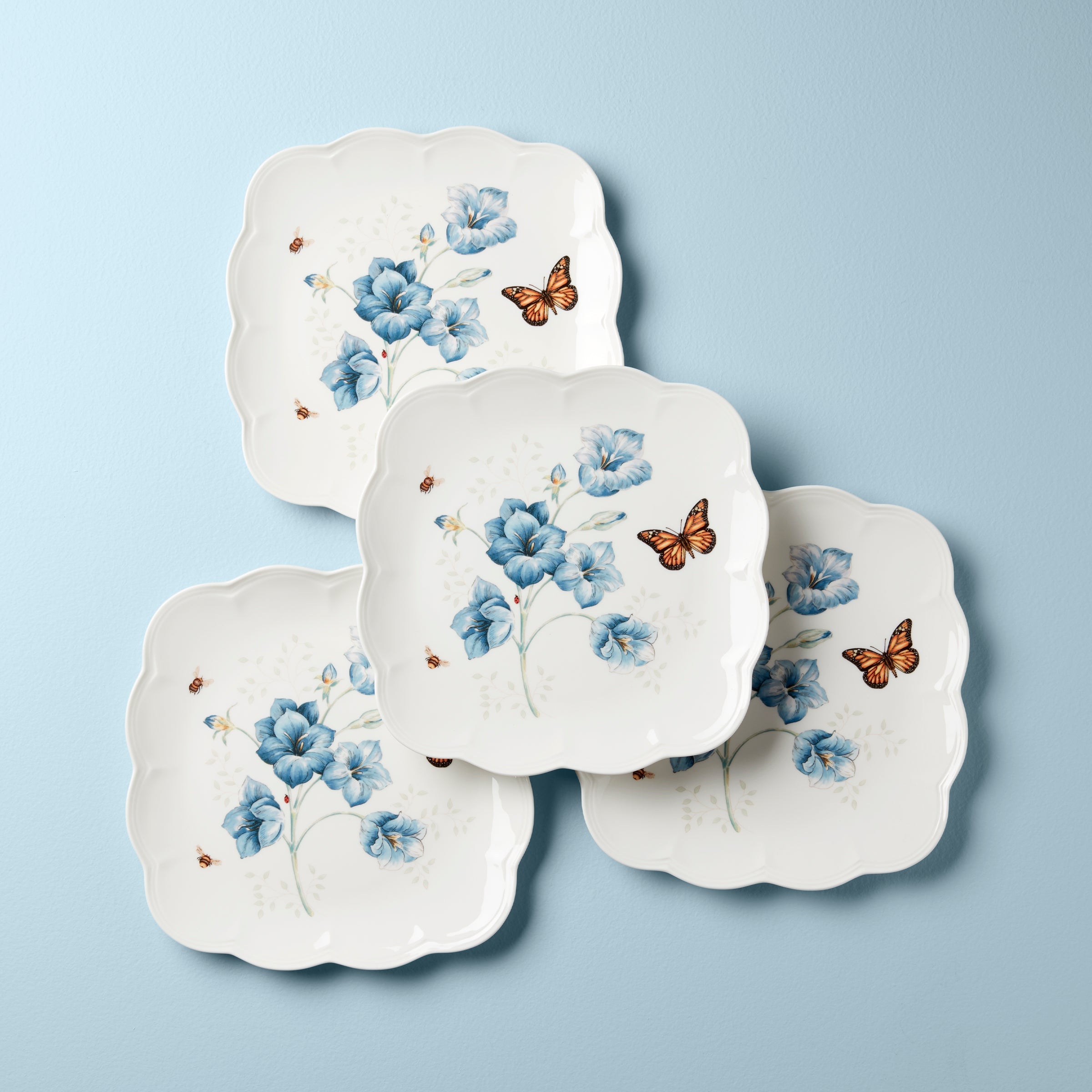 Square Butterfly Floral Dinner Plates, Set of 4