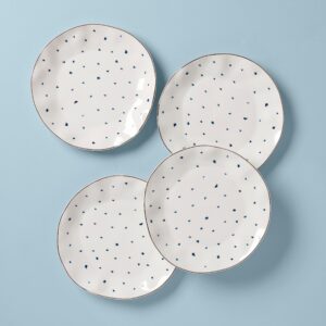 Blue Dotted Dinner Plates with Gold Trim, Set of 4