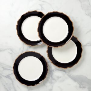 Black Scalloped Dinner Plates with Gold Rim, Set of 4