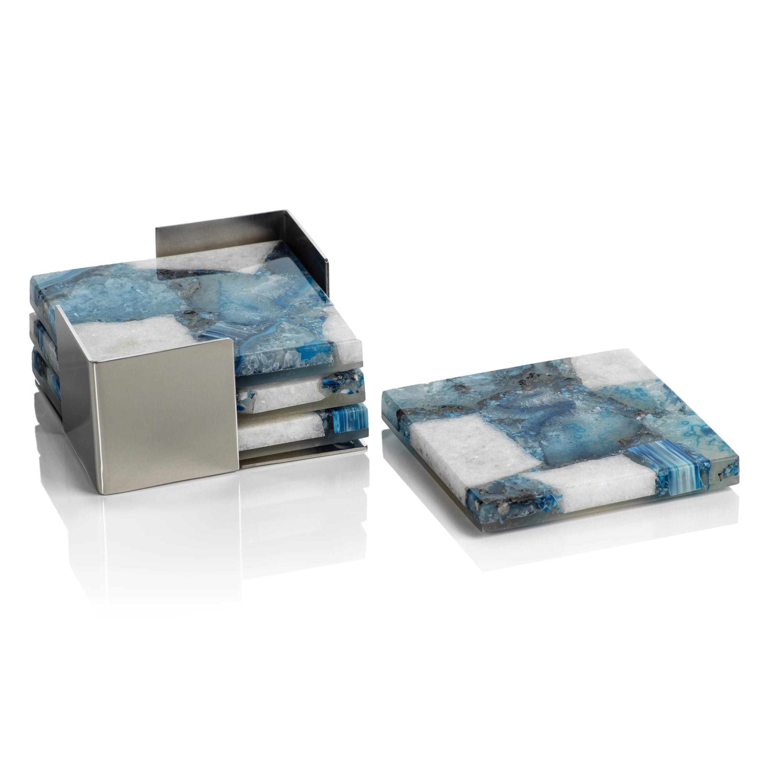 Blue and White Agate Coasters with Metal Tray - Set of 4 - Image 2