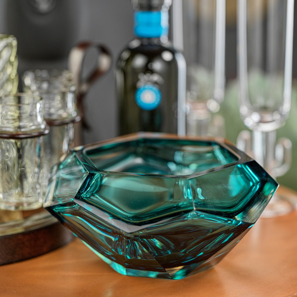 Sea Blue Polished Cut Glass Bowl