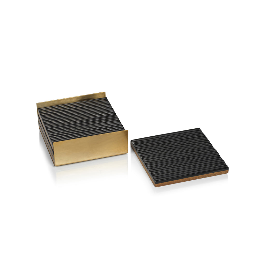 Ribbed Bone Coasters with Brass Tray - Set of 4 - Image 3