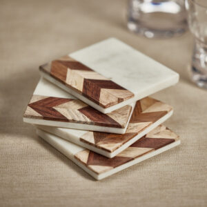 Chevron Wood and Marble Coasters - Set of 4