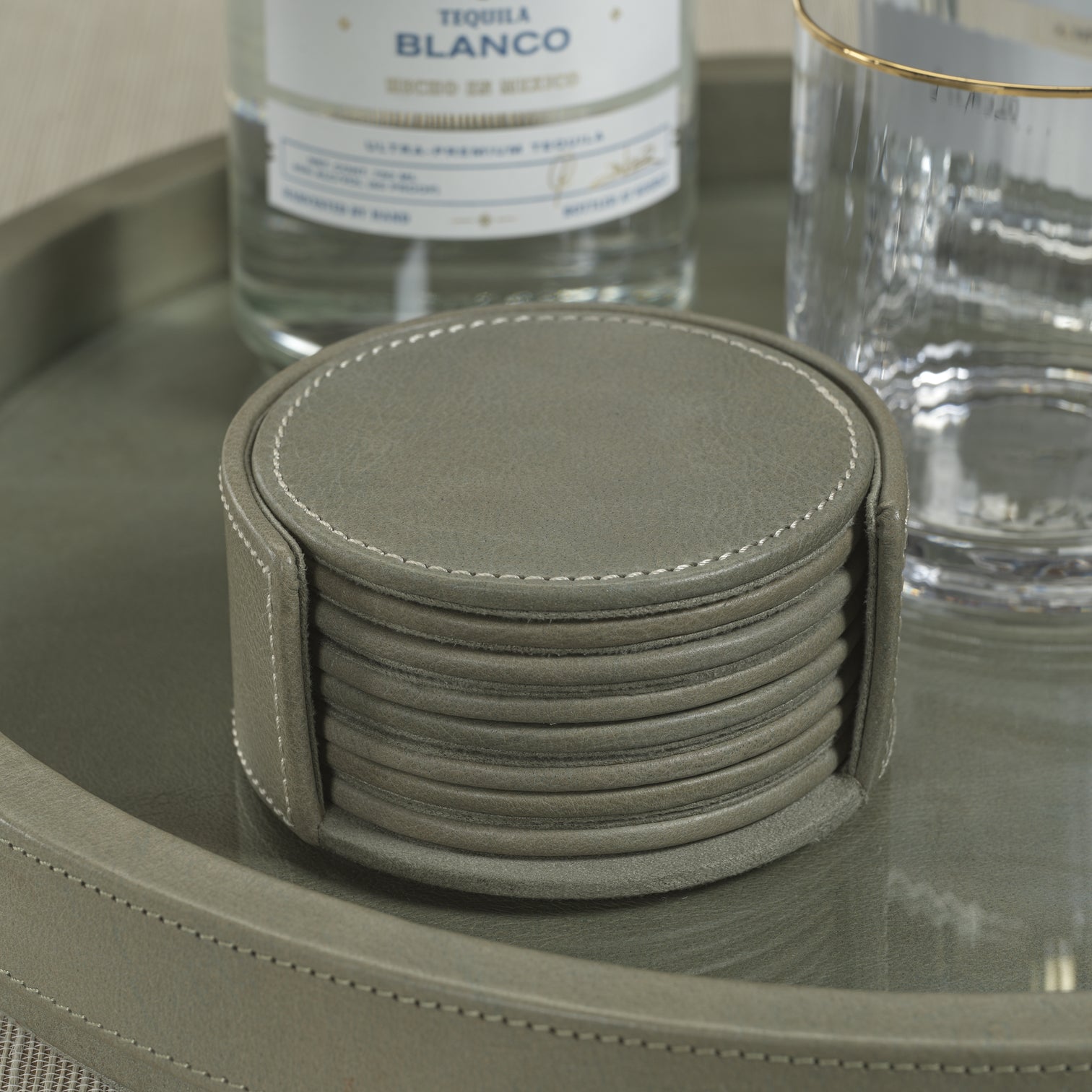 Sage Leather Drink Coasters - Set of 8