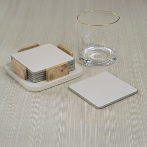 Ivory Leather and Burl Veneer Coasters - Set of 6